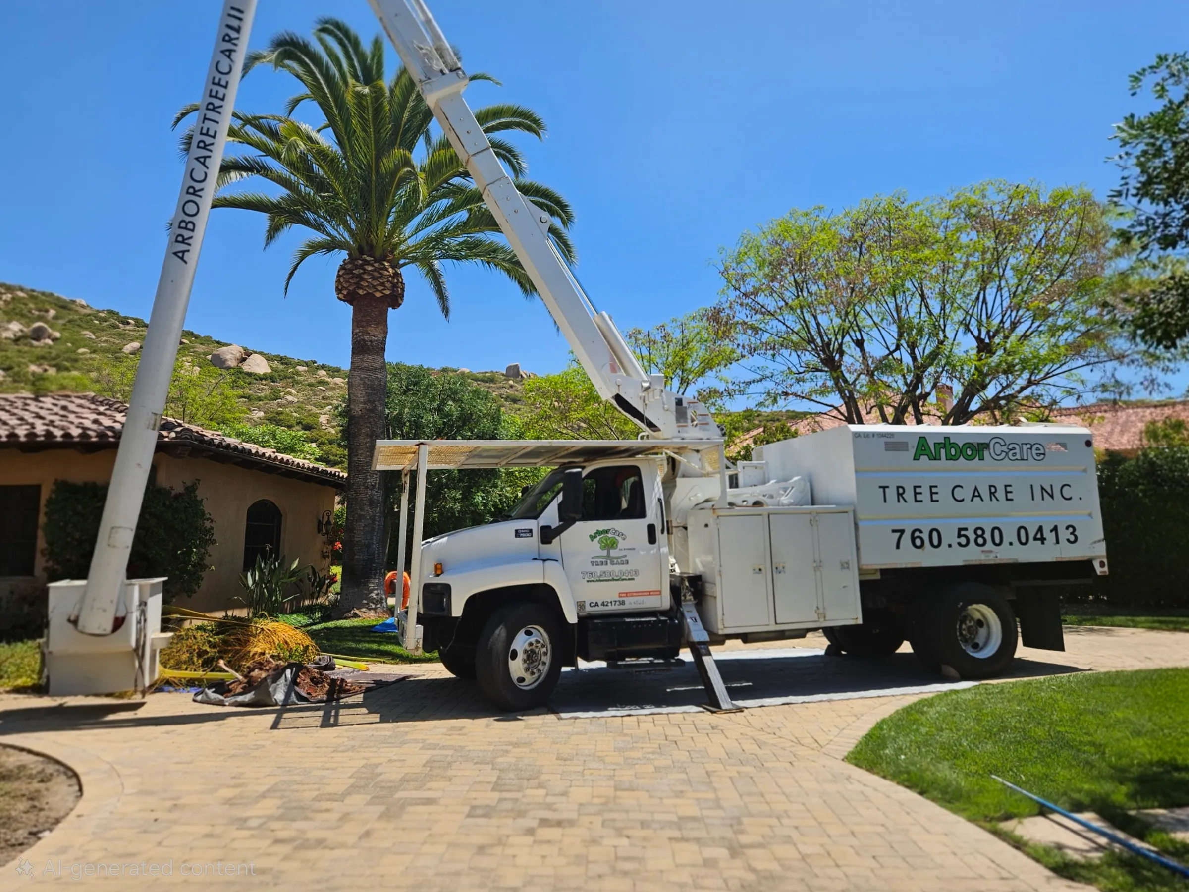 The Arborcare bucket truck parked at a palm trimming job
